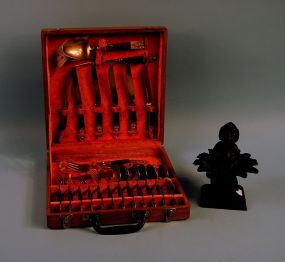 Carved Figure of Buddha on Lotus Blossom and Brass Flatware