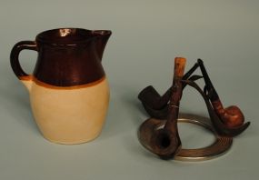 Roseville 7" Milk Jug & Metal Pipe Stand With three pipes