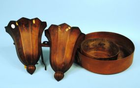 brass pan, pot, and pr. Brass wall sconces/planters