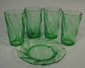 Set of 4 Heisey Moongleam "Twist" Soda Tumblers and Plate