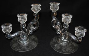 Pair Heisey Crystal "Orchid" Cascade 3-Lite Candlesticks