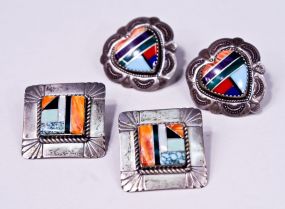 Two Pairs of Zuni Sterling Inlaid Pierced Earrings