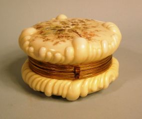 Rare Gilt-Brass-Mounted Wave Crest Opal Glass "Baroque Shell" Circular Dresser Box