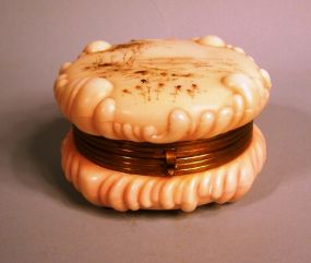 Rare C. F. Monroe Gilt-Brass-Mounted Wave Crest Opal Glass "Baroque Shell" Circular Dresser Box