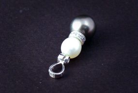 One Drop Style White & Black Freshwater Pearl & Diamond Pendant.