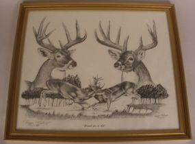 Pen and Ink Deer Picture "Brawl for it All"