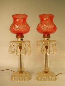 Pair of Crystal Lamps with Rose shade and Prisms