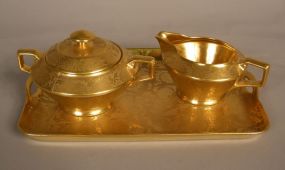 Pickard Style 22k Gold Encrusted Tray, Creamer, Sugar