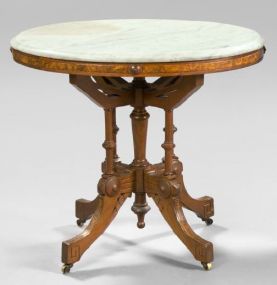 American Walnut, Burl Walnut and Marble-Top Center Table