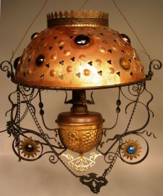 Victorian "Jewel of the Night" Hanging Library Lamp w/Inset Gems
