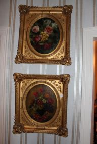 Pair of Floral Paintings in Gold Gilt Oval Frames