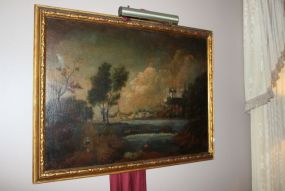 Landscape Oil Painting of Castle and Lady on Road