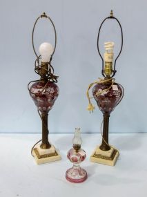Pair of Vintage Cut Cranberry Lamps on Marble Bases & Miniature Oil Lamp