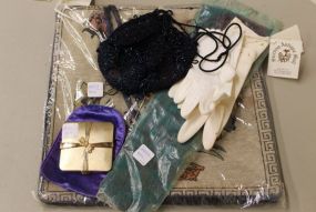 Helena Rubenstein Compact, Beaded Purse, Tapestry Purse and Gloves