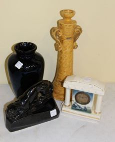 Blue and White Windmill Scene Mantle Clock and Planter and two vases.