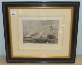 Matted and Framed Lithograph, "Action Between the Merrimack and the Monitor" First Battle Between Two Ironclad Warships