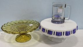 A 10" Amber Cake Stand, a Ribbon Border White Cake Stand and a Glass Stein