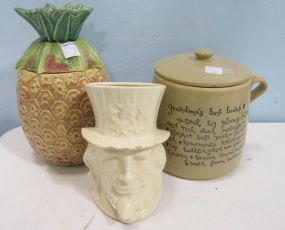 Miori Pottery England "Grandma's" Cookie Jar, McCoy Pineapple Cookie Jar and a Uncle Sam Planter