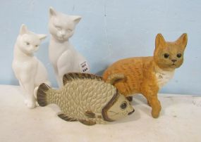 Three Pottery Cats and Fish
