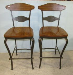 Pair of  Modern Metal and Wood Bar Stools