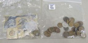 Collection of Wheat Pennies and European Money