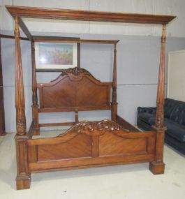Modern Carved Mahogany Finish King Size Canopy Bed