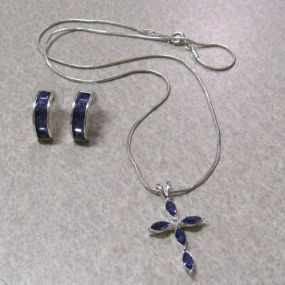 Silver Tone Amethyst Cross and Earrings