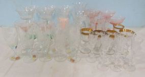 Etched Glass Stems, Handled Flutes, Gold Rim Golbets