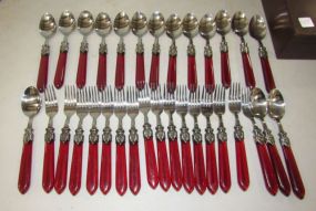Red Plastic Handle Flatware Set