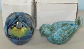 Eickholt Glass "Rosea" Paperweight and Pottery Glazed Bird