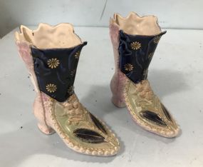 Pair of High Top Porcelain Hand Painted Ladies Shoes