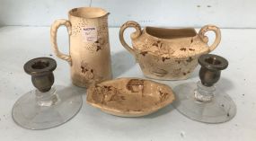 Antique "Doulton's Assouma Burslem and Signed Hawks Etched Candle Holders