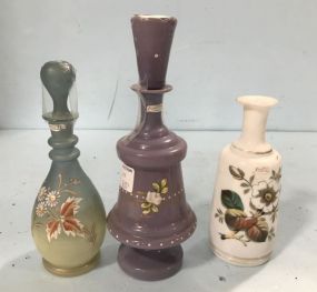 Three Hand Painted Glass Dresser Bottles