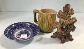 Jade Flower Stack, Majolica Cup Corn, and Flow Blue Bowl