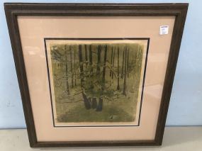 "Gum in Fall" Lino Cut by Mildred Wolfe