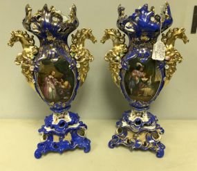 Rare Pair of Unusual Old Paris Vases w/ Horse Heals & North Winds H: 19"