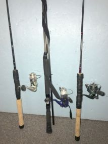 Three Spin Cast Reels and Rods