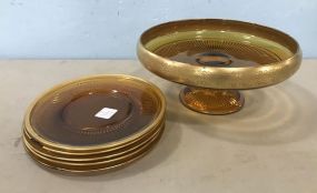 Amber Depression Gold Rim Compote and Plates