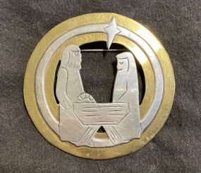 Unique Native Scene Pin, Marked "JEC" Sterling and Brass