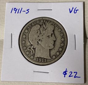 1911-S Barber Half Dollar VG