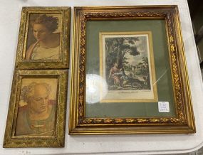 2 Wooden Pictures of Woman and Man, Framed Print "L. Heureuse Plainte"