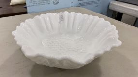 Vintage Imperial Milk Glass Ruffled Edge Bowl Grape Vine Pattern