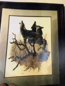 Gouache and Ink on Paper Painting by Nick Wilson Coyotes and Hare