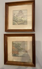 Japanese Osaka Castle Silk Tapestry and Silk Boat on Water Tapestry