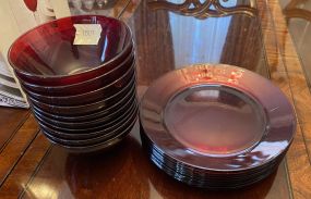 Eight Red 8" Plates and 10 Red Dessert Bowls