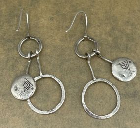 Sterling .925 Stamped "R" Hallmarked Hammered Circle Dangle Earrings