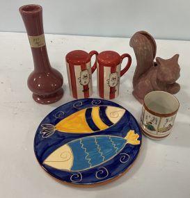 Niloak Squirrel, Pottery Vase, Salt &amp; Pepper, Cup, and Fish Hot Plate