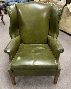 Green Vinyl Traditional Wing Back Arm Chair and Ottoman