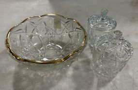 Pressed Glass Gold Rim Bowl and Sugars