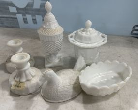 Group of Westmoreland Milk Glass Candles, Bowl, Candy, and Vase